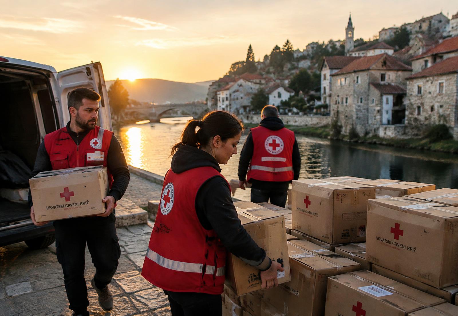 Red Cross Slunj volunteers distributing humanitarian aid